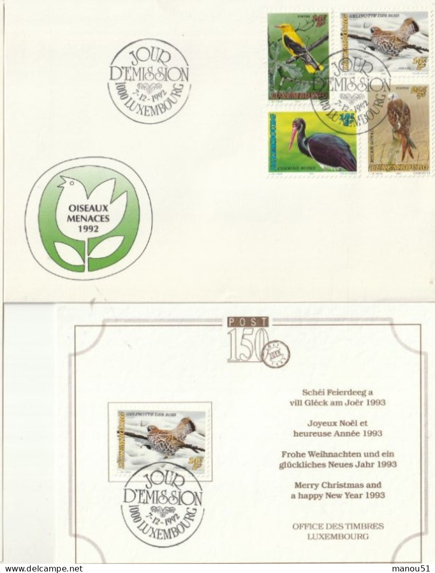 LUXEMBOURG - Timbres De Bienfaisance - Oiseaux Menacés - Emission Du 7.12.1992 - Lot 4 Timbres + 1 Enveloppe 1er Jour - Neufs