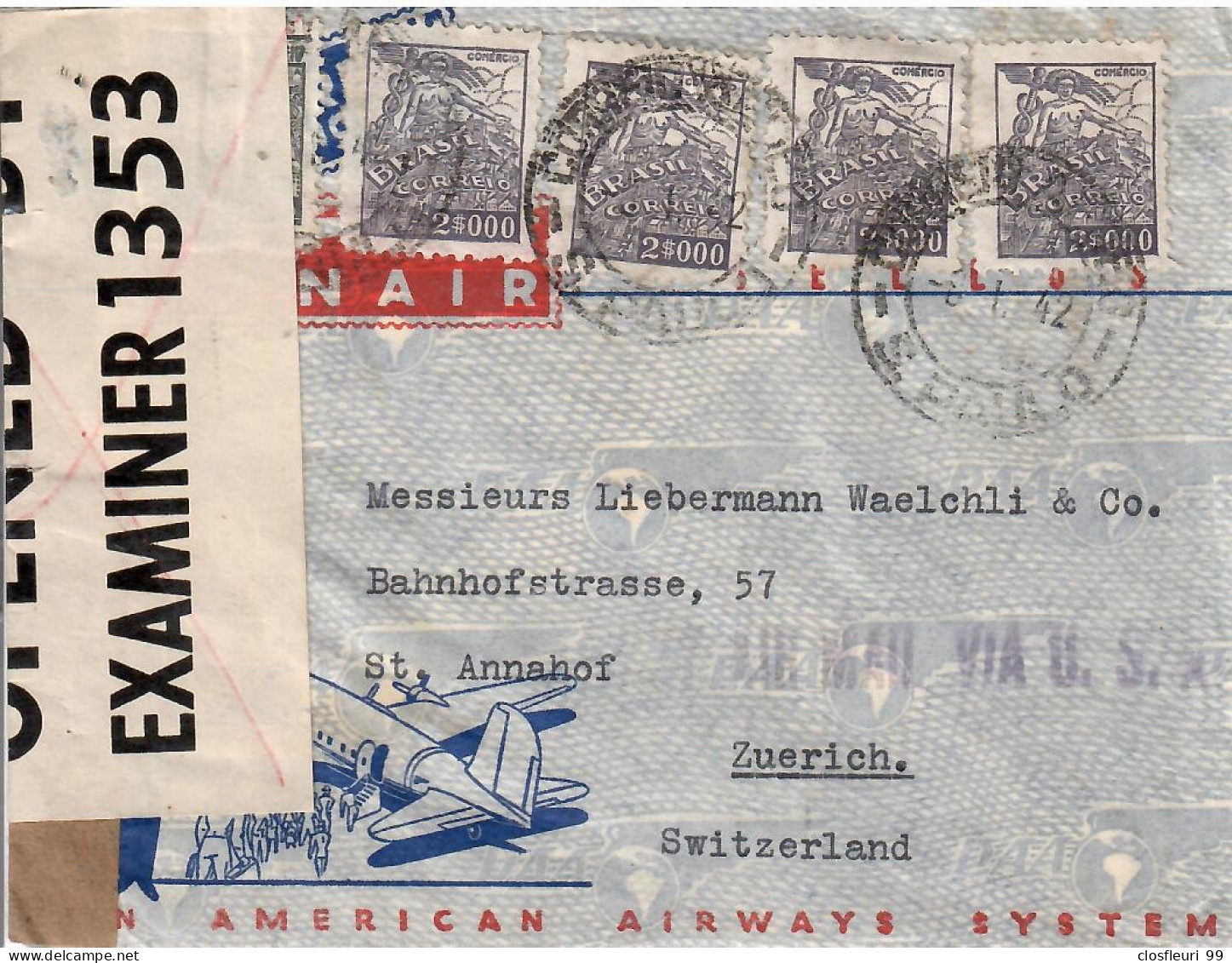 Lettre OPENED By Examiner 1353 For Avion  /American Airways System For Zuerich (CH) - Covers & Documents