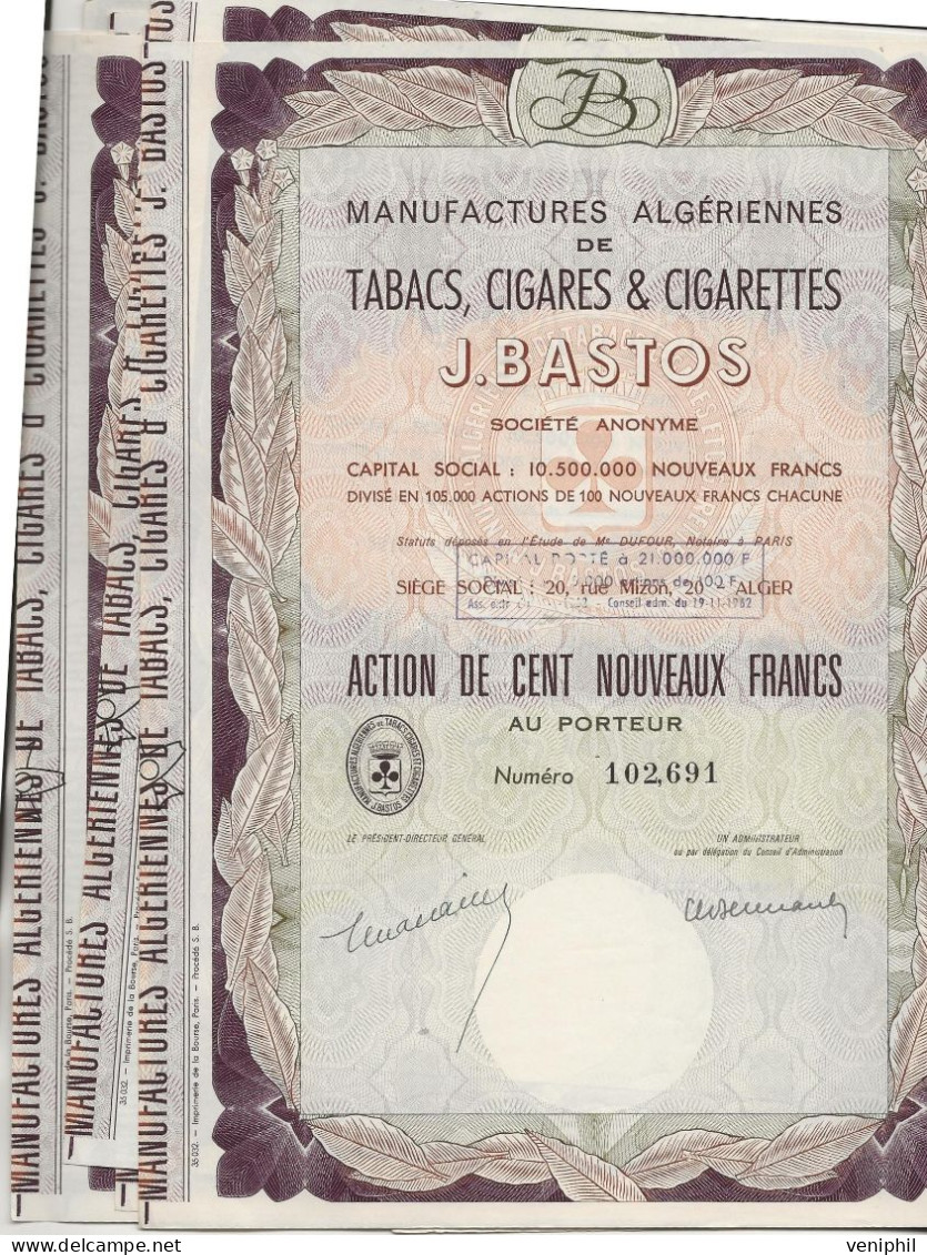 MANUFACTURES ALGERIENNES - DE TABACS,CIGARES ET CIGARETTES - J.BASTOS -LOT DE 8 ACTIONS DE CENT NOUVEAUX FRANCS -1962 - Africa