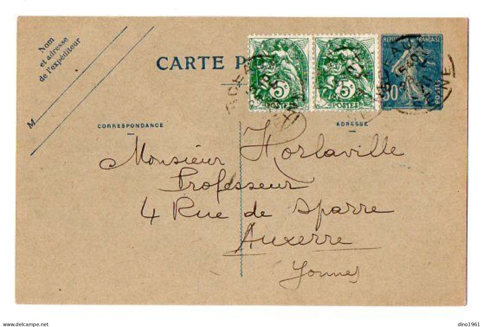 TB 4703 - 1926 - Entier Postal - M. HENNEQUIN, Professeur à SCEAUX Pour M. HORLAVILLE, Professeur à AUXERRE - Standard Postcards & Stamped On Demand (before 1995)