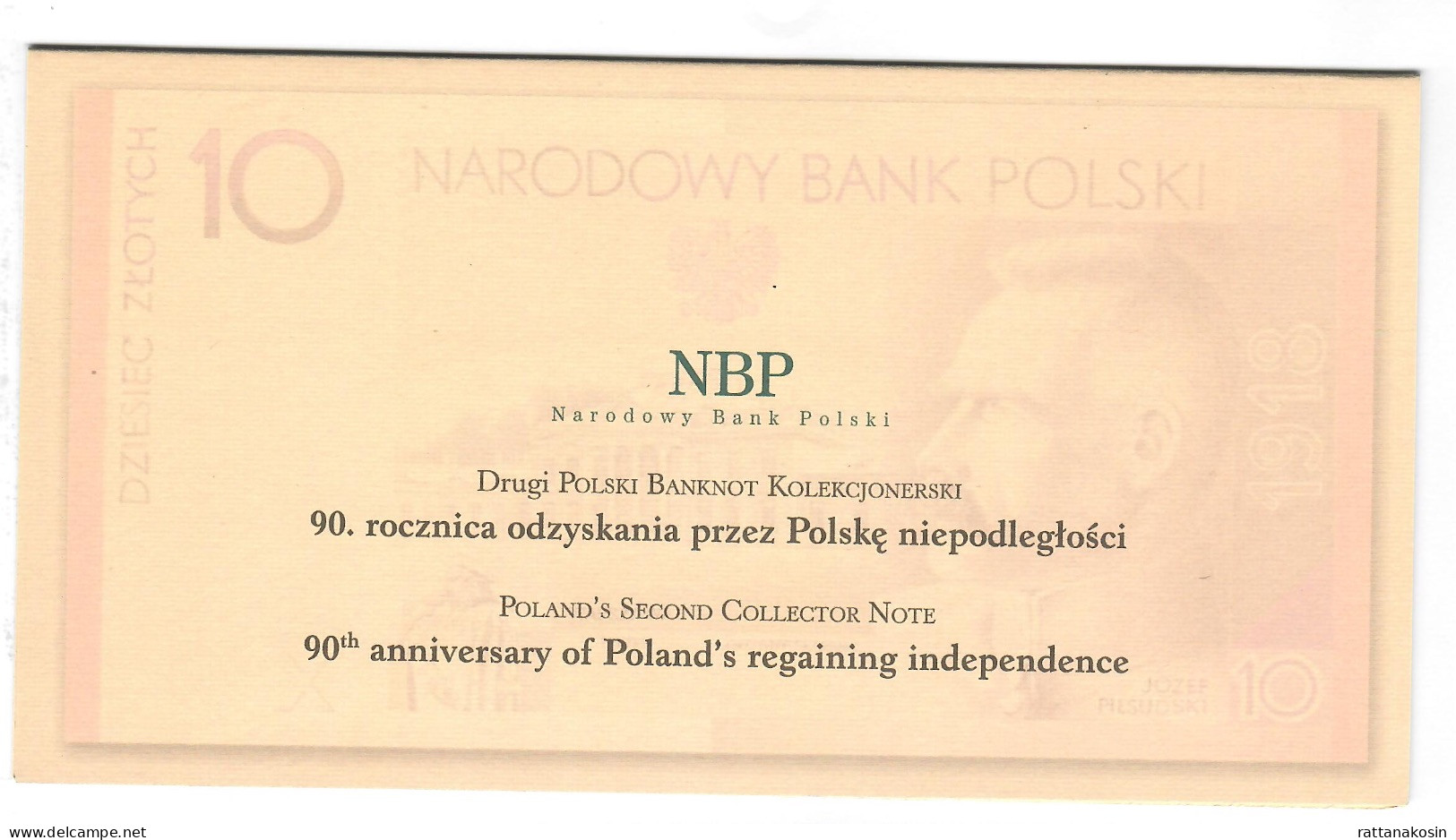 POLAND P179a 10 ZLOTYCH 2008 COMMEMORATIVE PITSUDSKI  + FOLDER  UNC. - Poland