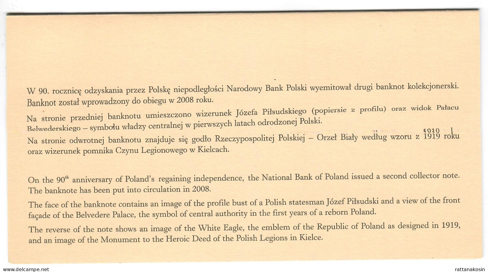 POLAND P179a 10 ZLOTYCH 2008 COMMEMORATIVE PITSUDSKI  + FOLDER  UNC. - Polen