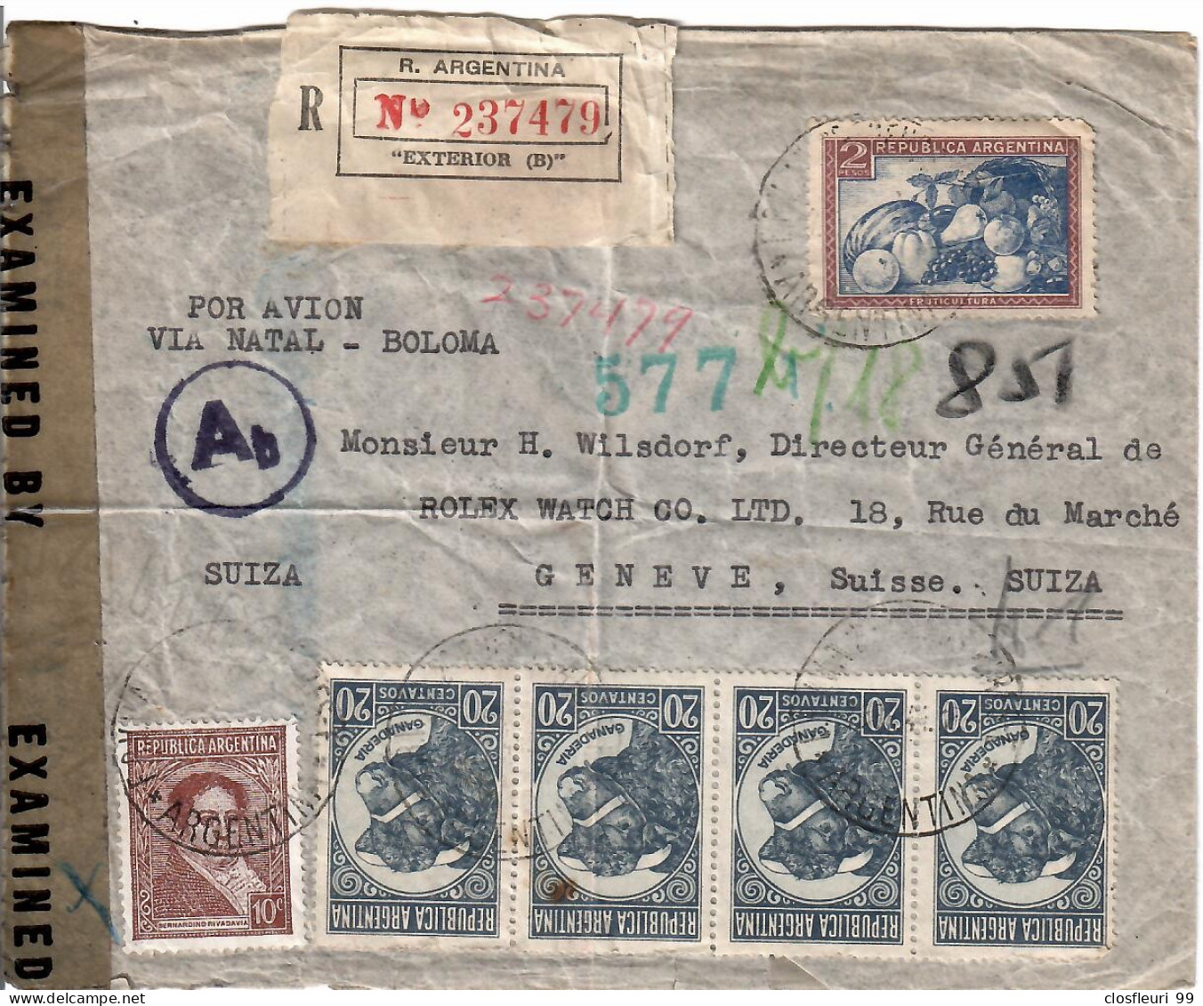 Lettre Examined By 64221 & 64259 / R. N° 237479 For Genève (CH) 15.7.1944 - Brieven En Documenten