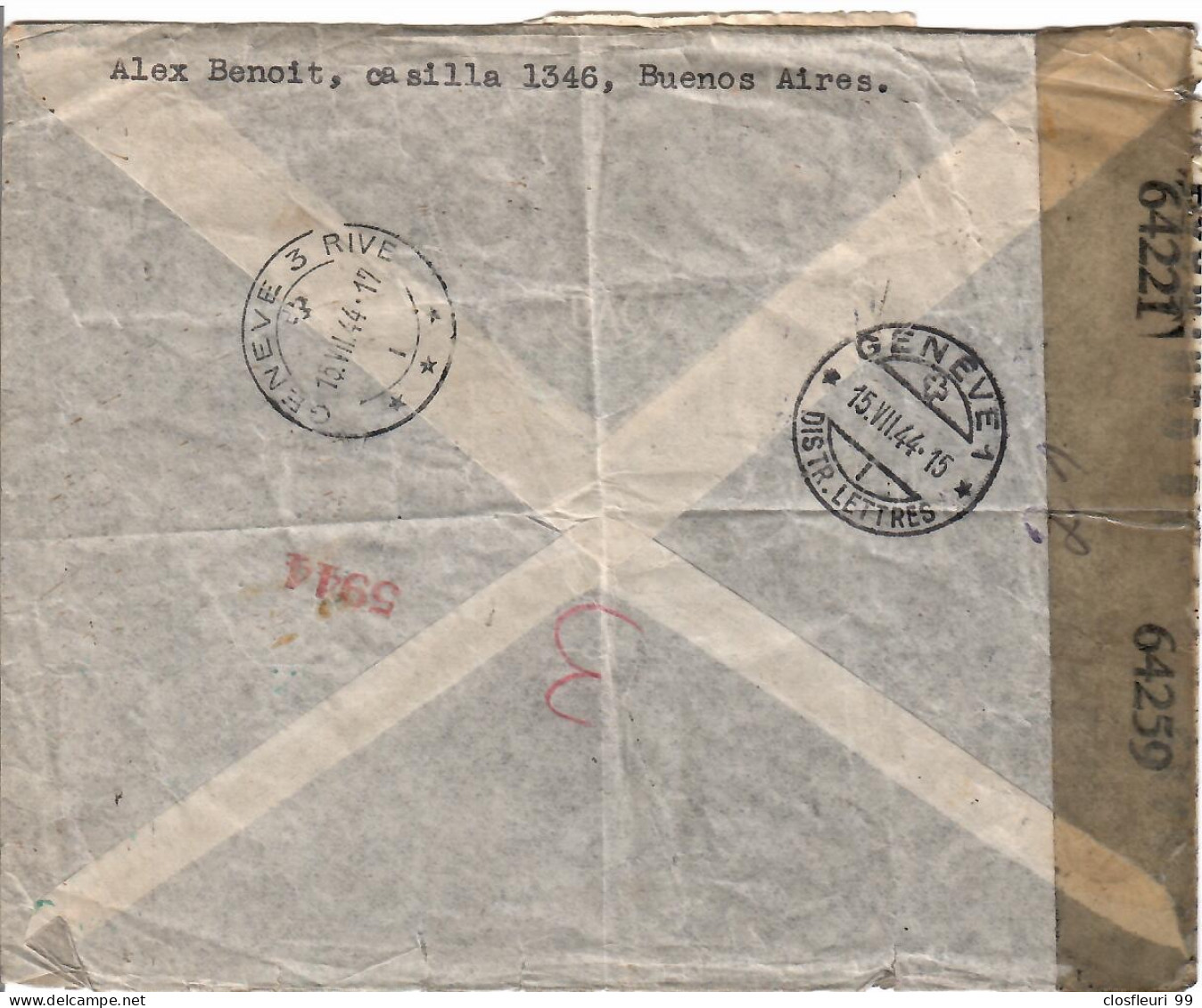 Lettre Examined By 64221 & 64259 / R. N° 237479 For Genève (CH) 15.7.1944 - Storia Postale