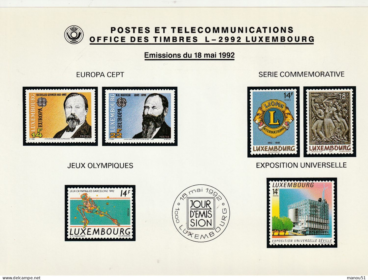 LUXEMBOURG - Emission Du 18.05.1992 - Lot 6 Timbres + 4 Enveloppes 1er Jour - Nuevos