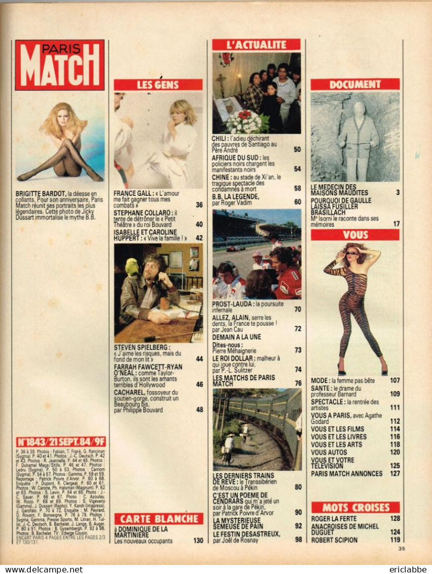PARIS MATCH N°1843 Du 21 Septembre 1984 Brigitte Bardot A 50 Ans - Le Transiberien - Dollar - Une Vie De "bouffe" - Algemene Informatie