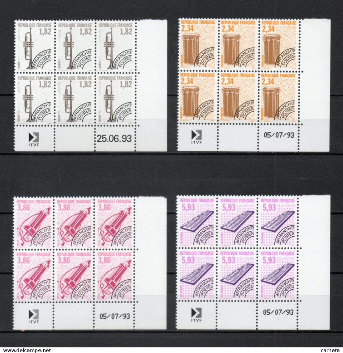 FRANCE PREOBLITERES N° 228 à 231  BLOCS DE 6 TIMBRES COIN DATE NEUFS SANS CHARNIERE COTE 48.00€  INSTRUMENTS DE MUSIQUE - 1989-2008