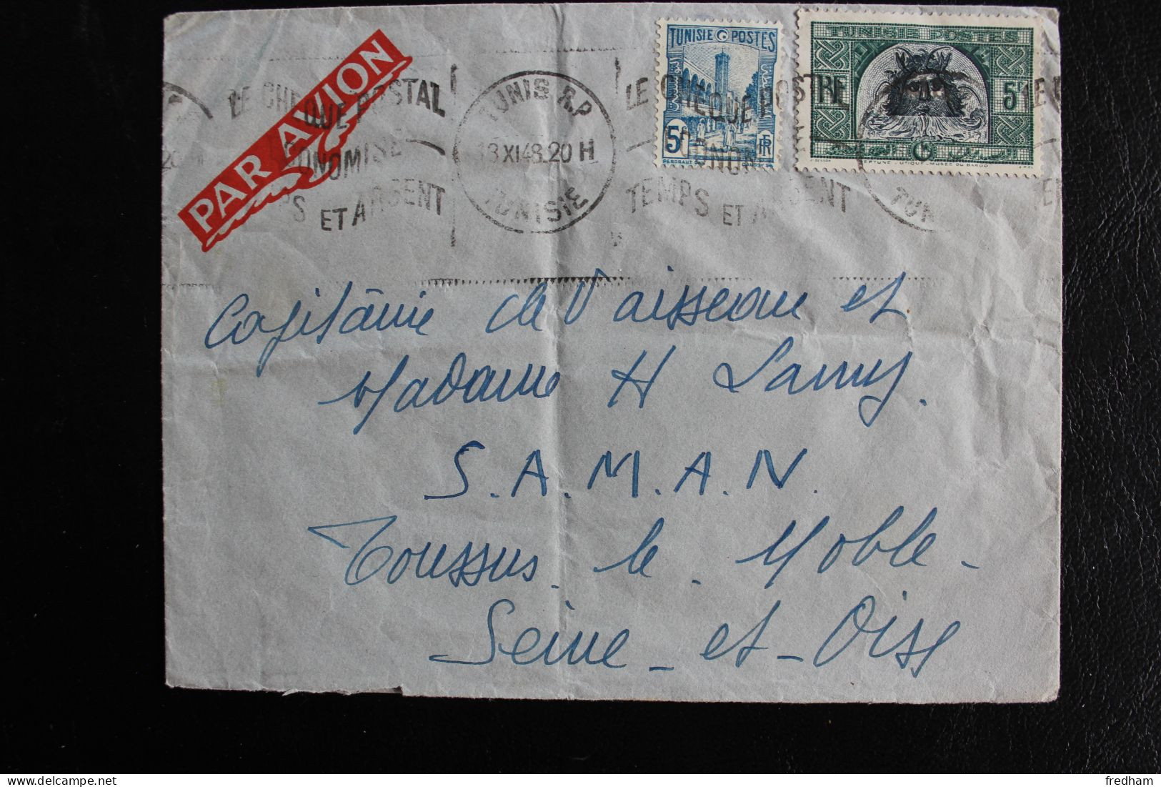 13-XI-1948 FLAMME  TUNIS RP /TUNISIE "LE CHEQUE POSTAL ECONOMISE TEMPS ET ARGENT " Affrnt Composé Y&T TN288a Et  TN316 - Briefe U. Dokumente