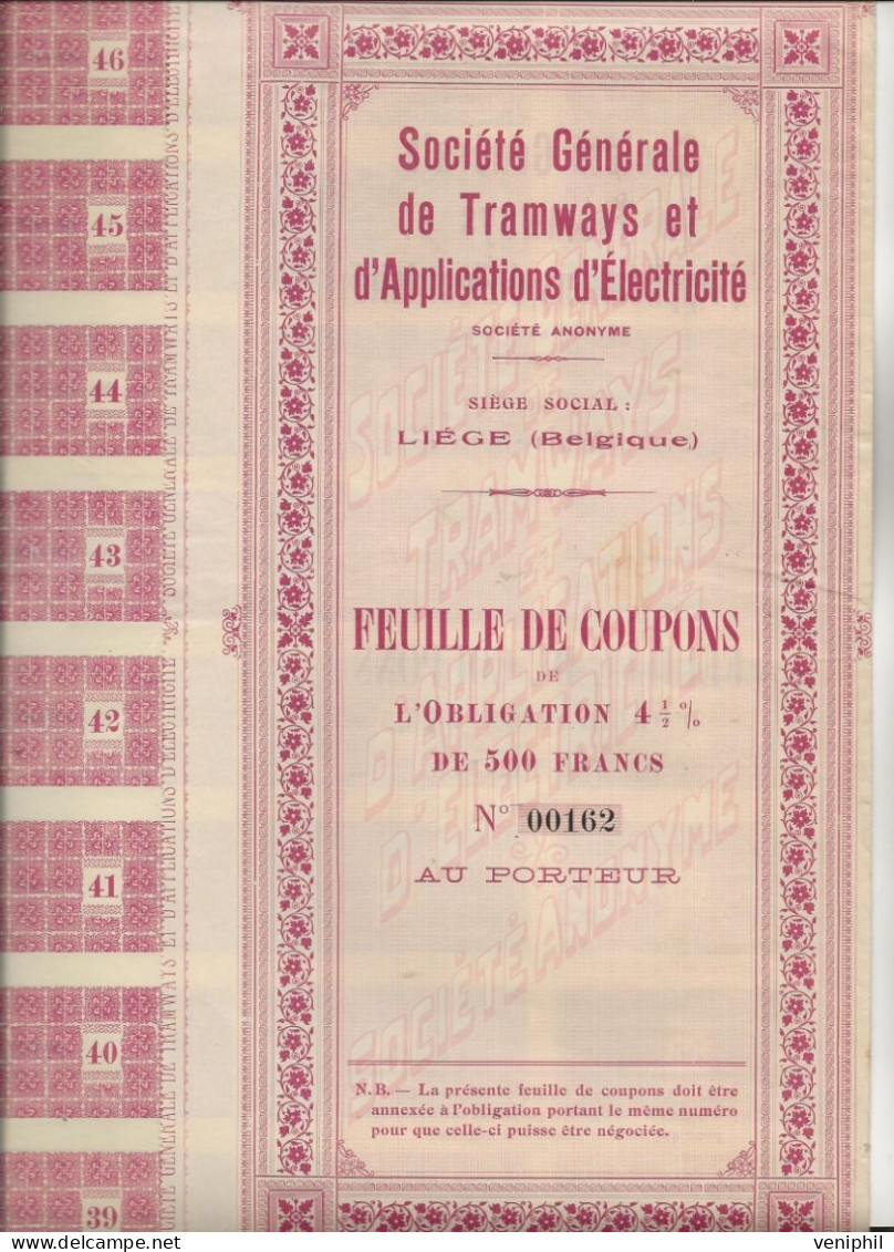 SOCIETE  GENERALE DE TRAMWAYS ET D'APPLICATIONS D'ELECTRICITE -LIEGE --OBLIGATION 4,5% DE 500 FRS   1919 - Chemin De Fer & Tramway