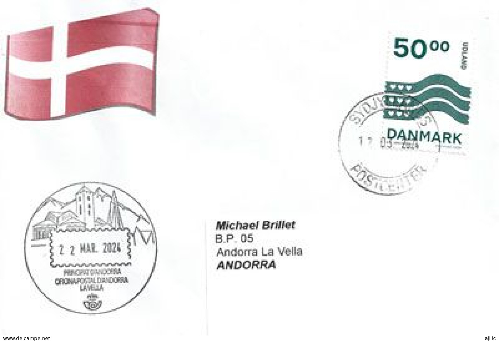 2024.New Danish Stamp For Foreign Destinations “UDLAND” , Letter Denmark To Andorra (High Face Value Dk.50) - Covers & Documents