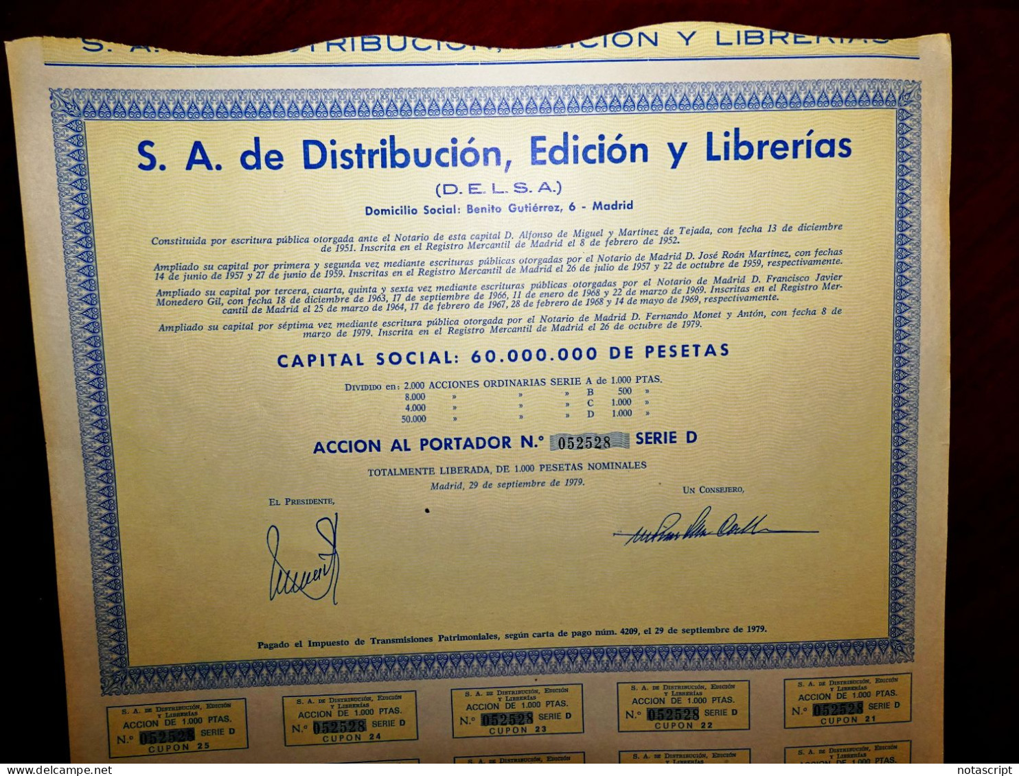 Distribución,Edición Y Librerías,Madrid 1979 , Share Certificate,Chain Of Bookstores And Publishing - Autres & Non Classés