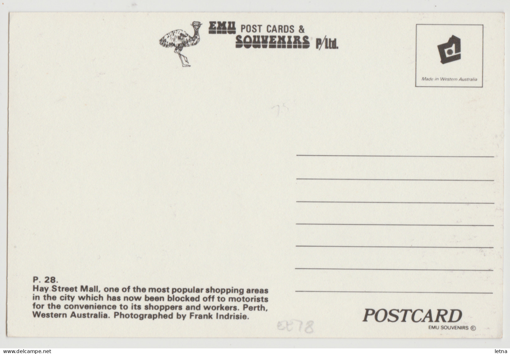 WESTERN AUSTRALIA WA Busy Hay Street Mall PERTH Emu P28 Postcard C1970s - Perth