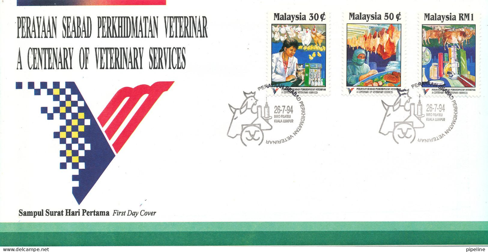Malaysia FDC 26-7-1994 Centenary Veterinary Services Animal Complete Set Of 3 With Cachet - Malaysia (1964-...)