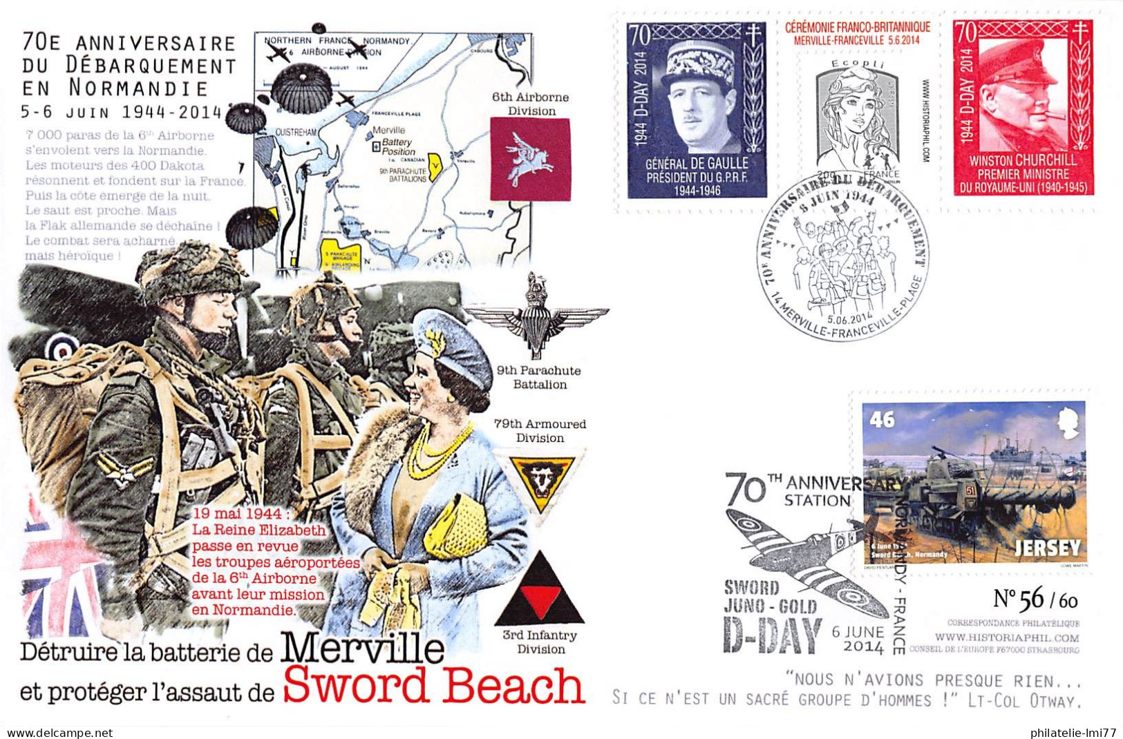 FDC FRANCE-JERSEY - 70 ANS D-DAY / ELIZABETH - 6TH AIRBORNE - WW2