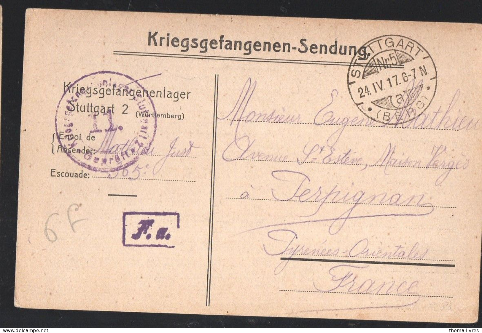 Stuttgart Kriegsgefangenen Sendung 1917  (PPP46833) - Correos De Prisioneros De Guerra