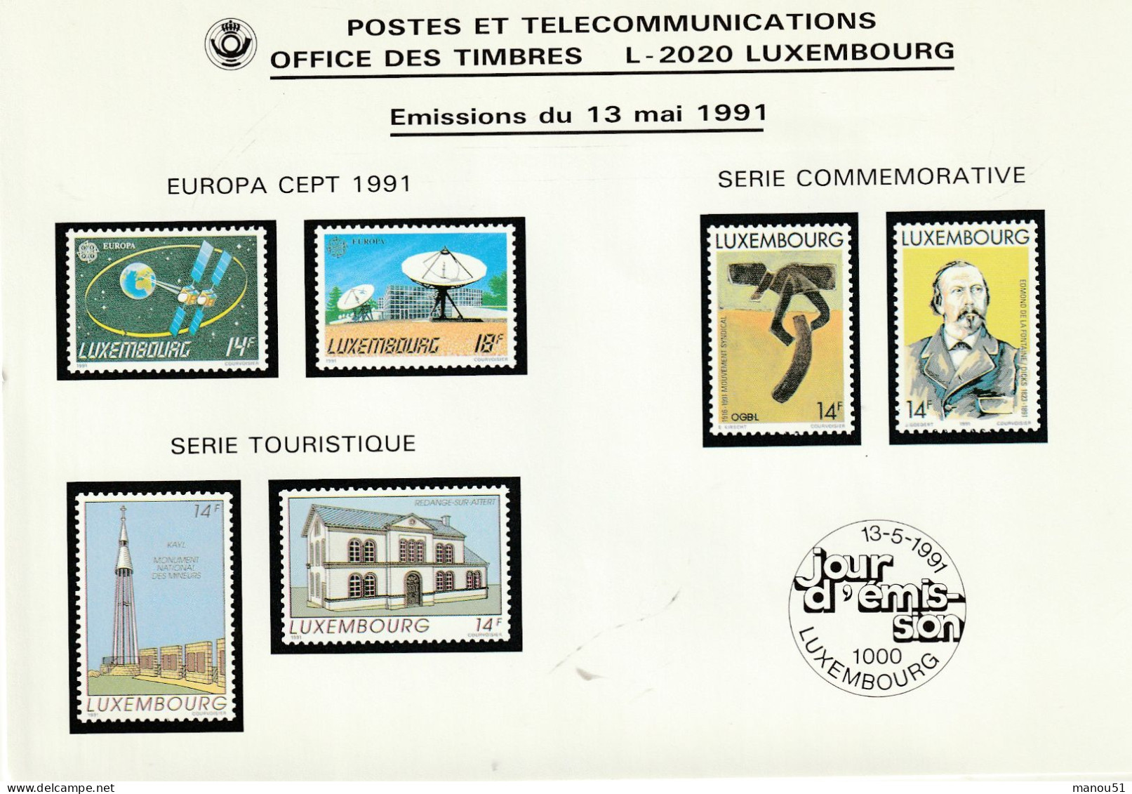 LUXEMBOURG - Emission Du 13.05.1991 - Lot 6 Timbres + 3 Enveloppes 1er Jour - Neufs