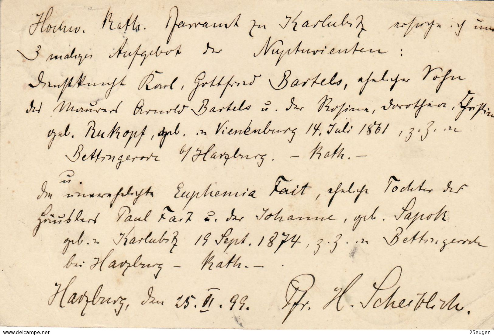 GERMANY EMPIRE 1899 POSTCARD  MiNr P 32 I SENT FROM HARZBURG TO KARLUBITZ /KARŁOWICE/  /BAHNPOST/ - Brieven En Documenten
