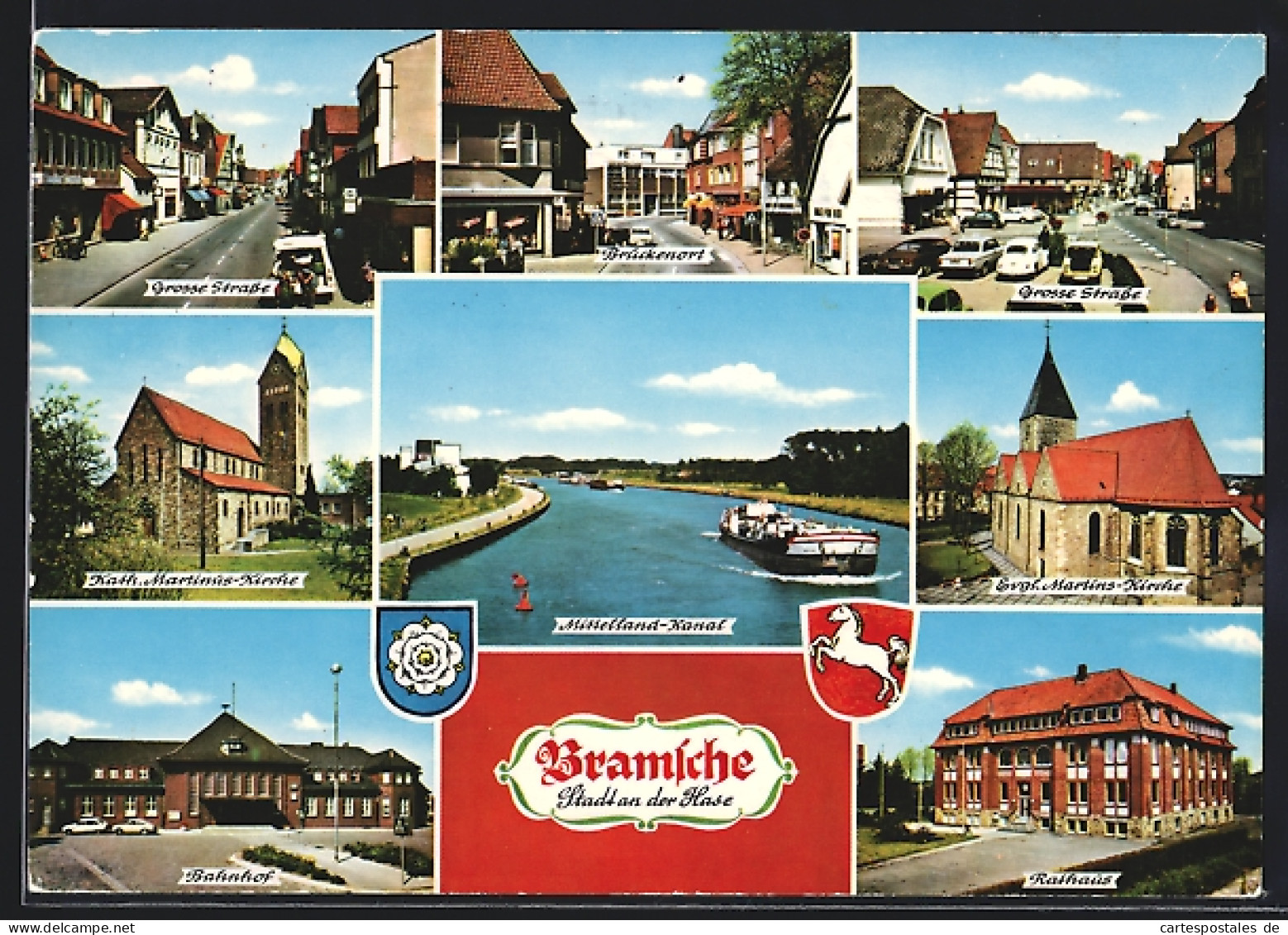 AK Bramsche, Brückenort, Bahnhof, Rathaus, Mittelland-Kanal  - Bramsche