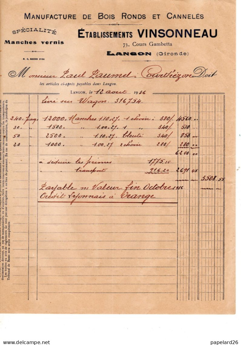 GIRONDE LANGON  MANUFACTURE DE BOIS  ETS VINSONNEAU ANNEE 1936 FORMAT A4 - Straßenhandel Und Kleingewerbe