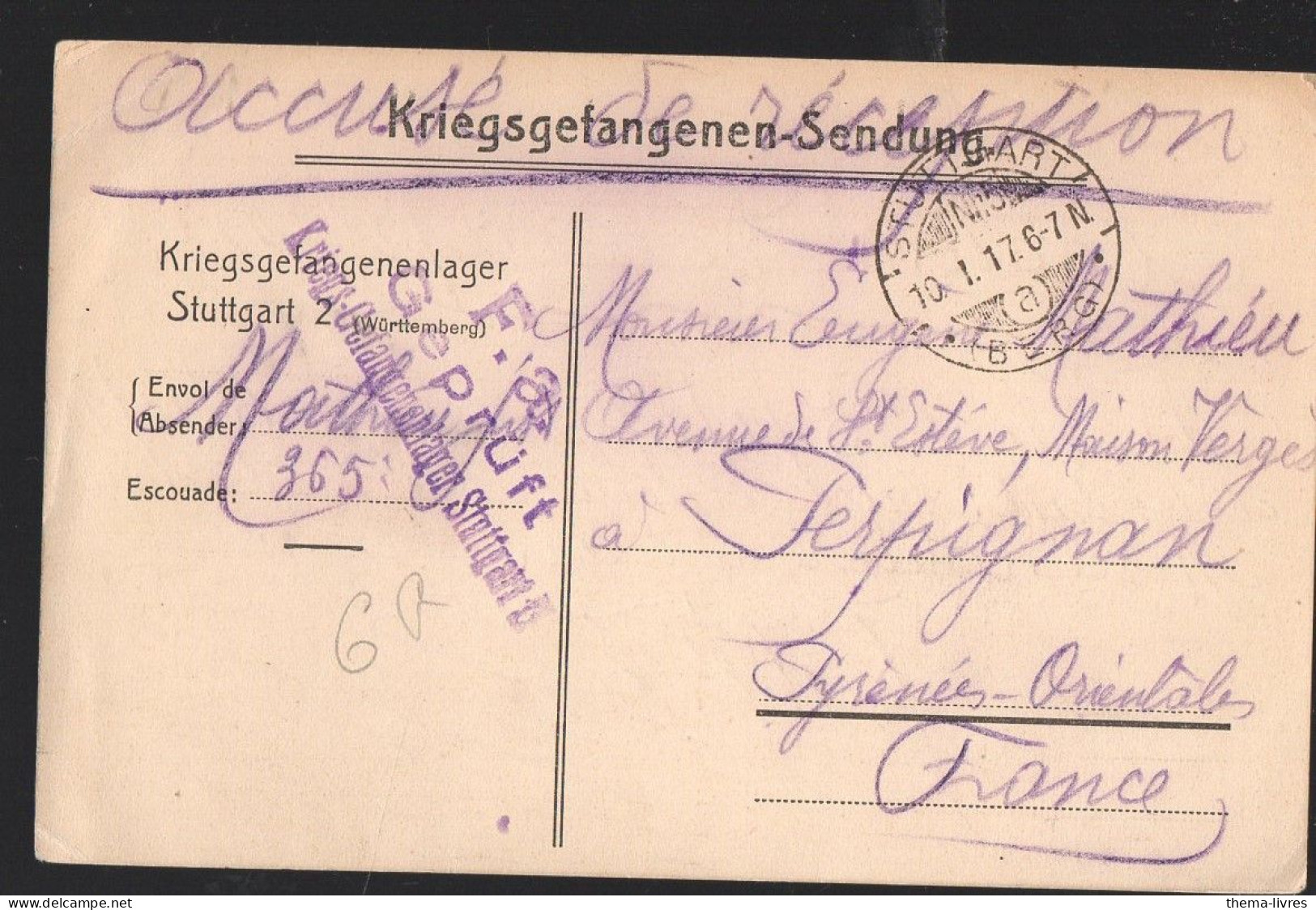 Stuttgart Kriegsgefangenen Sendung 1917  (PPP46834) - Gevangenenpost