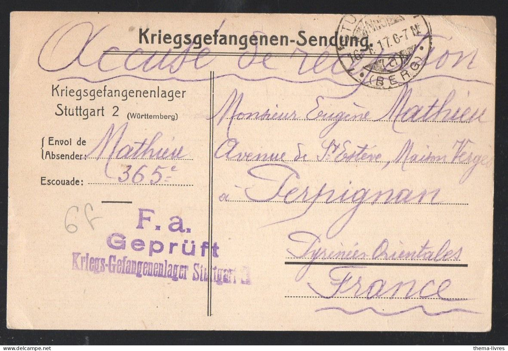 Stuttgart Kriegsgefangenen Sendung 1917  (PPP46835) - Gevangenenpost