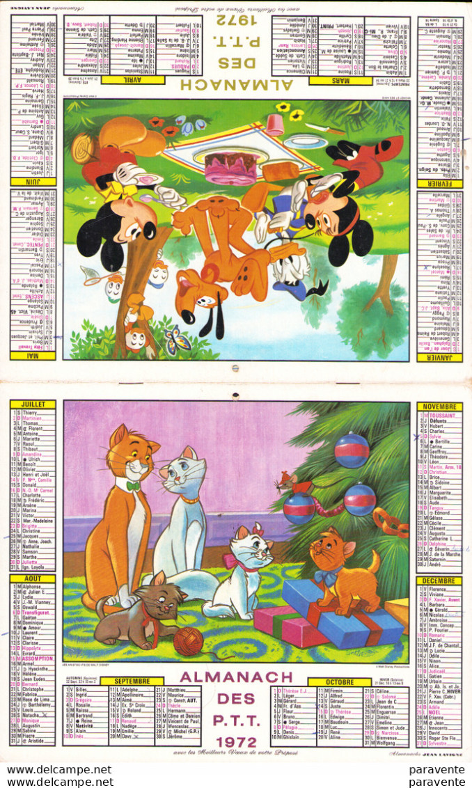 Calendrier Poste 1972 - MICKEY / ARISTOCHATS - Agenda & Kalender