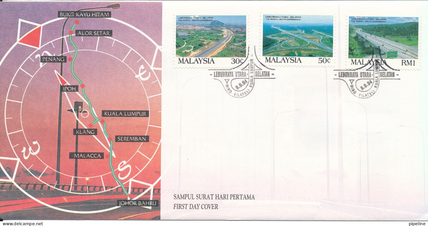 Malaysia FDC 8-9-1994 The North South Expressway Complete Set Of 3 With Cachet - Maleisië (1964-...)