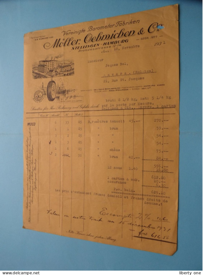 Möller, Oehmichen & C° BAROMETER > Stellingen HAMBURG ( Sehen Sie Scan ) 1931 ! - 1900 – 1949