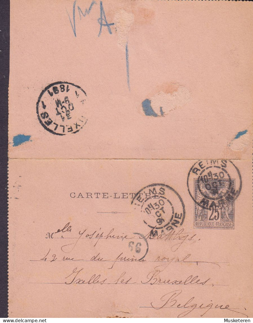 France Postal Stationery Ganzsache Entier Carte-Lettre 25c. Allegorie REIMS (Marne) 1891 BRUXELLES (Arr.) Belgium - Cartes-lettres