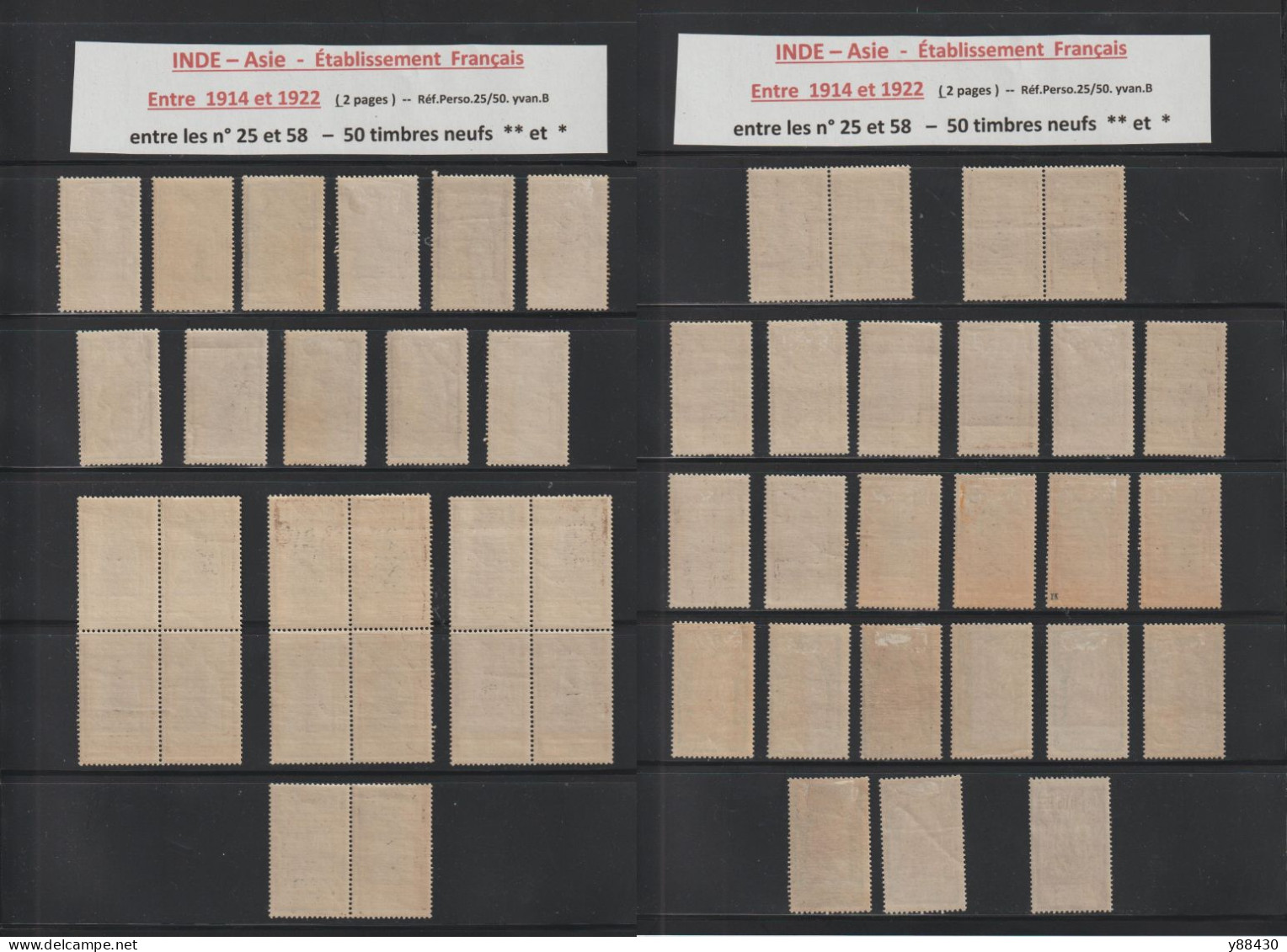 INDE - Établissement Français - Entre N° 25 Et 58 De 1914/1922 - 50 Timbres Neuf ** & * -  En 2 Pages - Voir Les 6 Scan - Unused Stamps