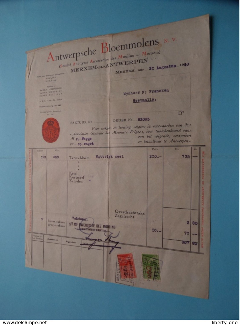 Antwerpsche BLOEMMOLENS ( Anversoise Des Moulins ) MERXEM Bij Antwerpen ( Zie Scan ) 1940 Factuur Met TAX Zegels ! - 1900 – 1949