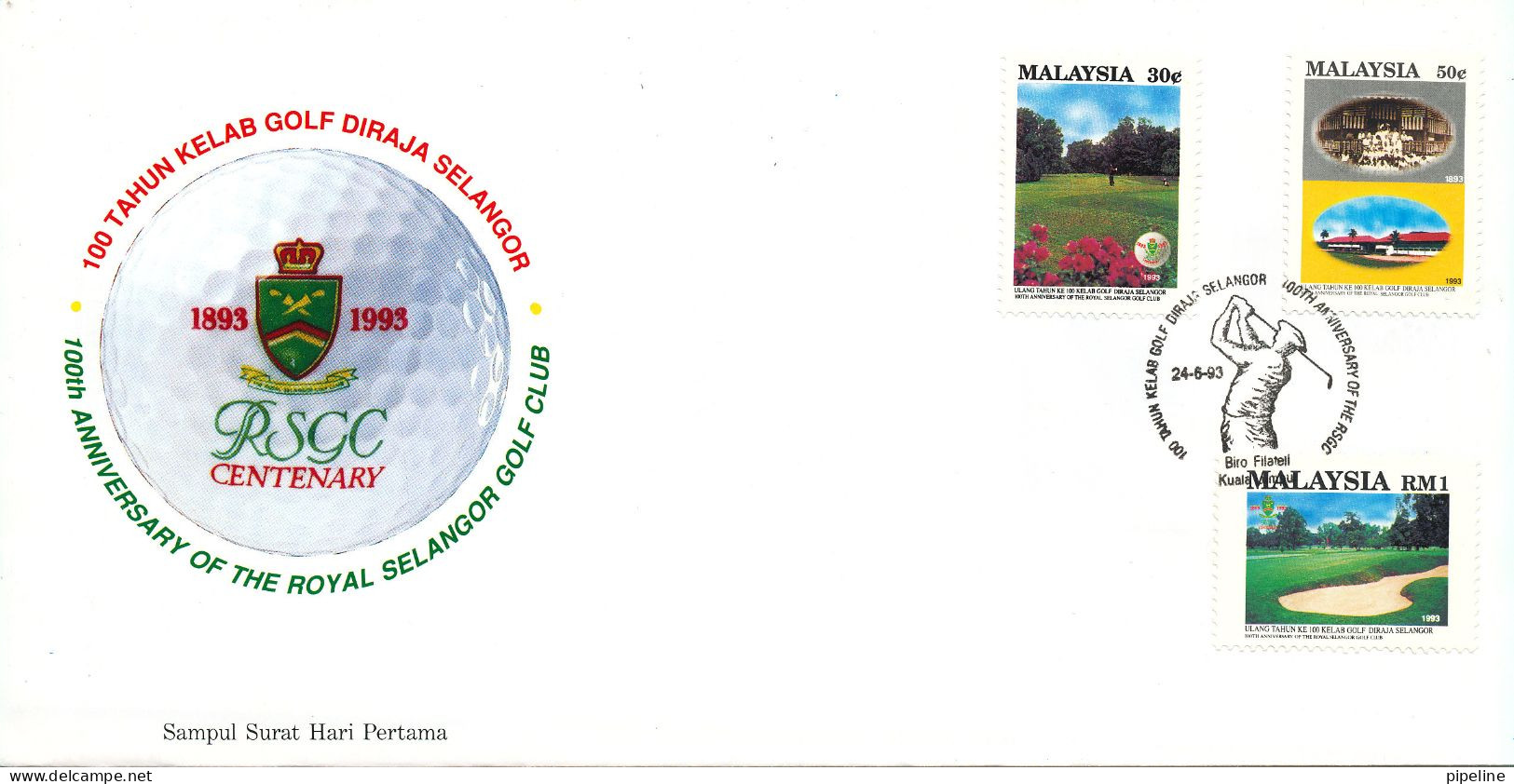 Malaysia FDC 24-6-1993 Centenary Royal Selangor Golf Club Complete Set Of 3 With Cachet - Malaysia (1964-...)
