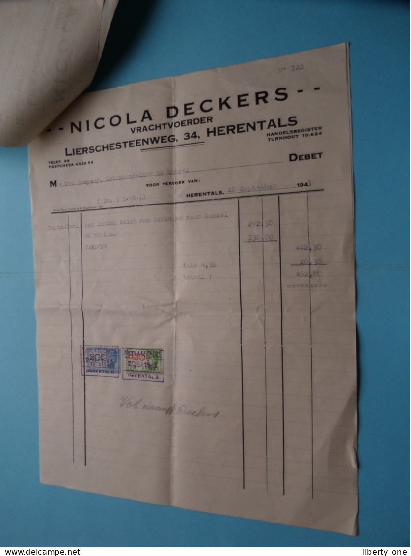 NICOLA DECKERS Vrachtvoerder Liersesteenweg 34 HERENTALS >> 1943 ( Zie Scans ) 4 Facturen Met TAX Zegels ! - 1900 – 1949