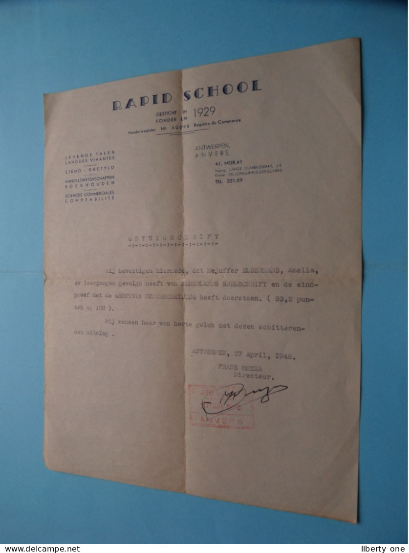 RAPID SCHOOL ( ANTWERPEN ) Getuigschrift ( Elsermans Amelia ) Nederlands Snelschrift >> 1948 ( Zie Scans ) ! - Diplome Und Schulzeugnisse