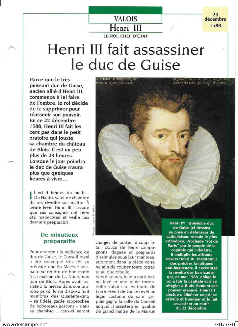 FICHE ATLAS: HENRI III FAIT ASSASSINER LE DUC DE GUISE -VALOIS - Geschiedenis