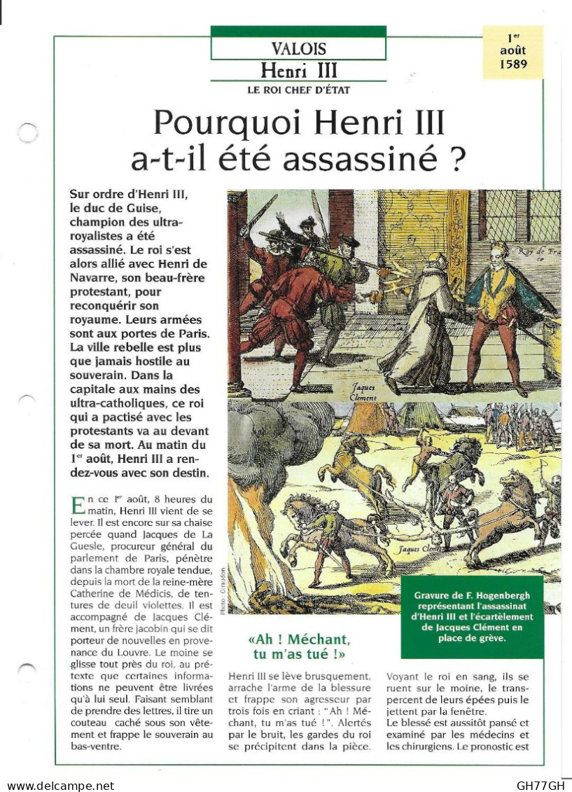 FICHE ATLAS: POURQUOI HENRI III A-T-IL ETE ASSASSINE -VALOIS - Histoire