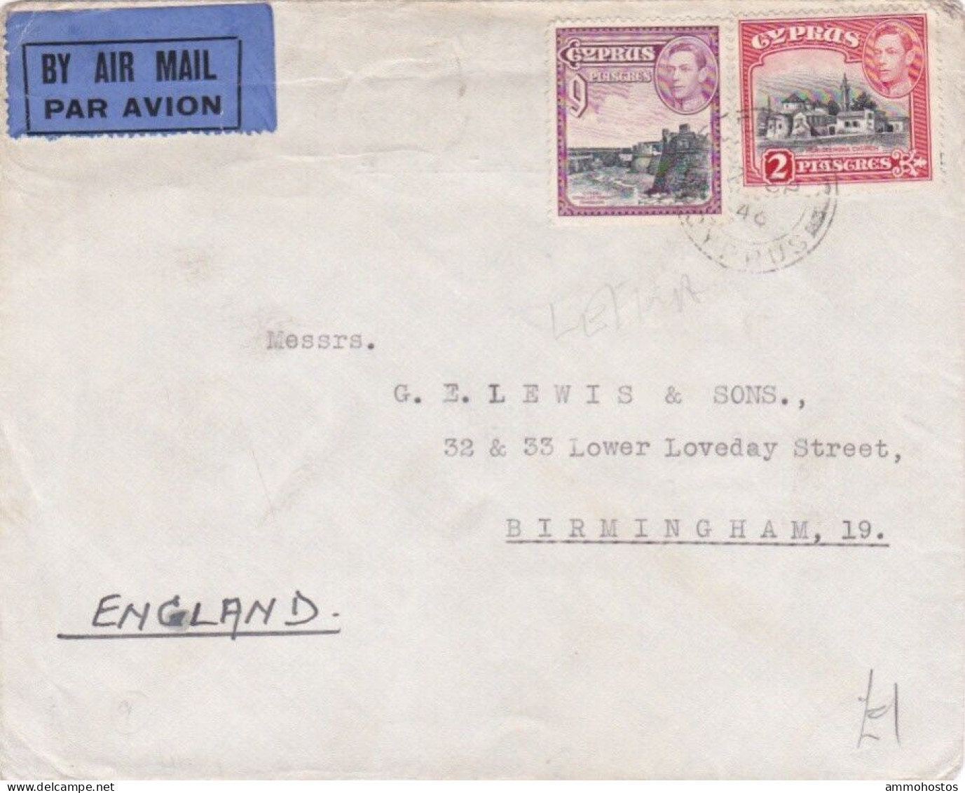 CYPRUS 1946 KGVI RURAL AIRMAIL COVER KALO KHORIO LEFKA TO UK 11 PIASTRE RATE - Chypre (...-1960)