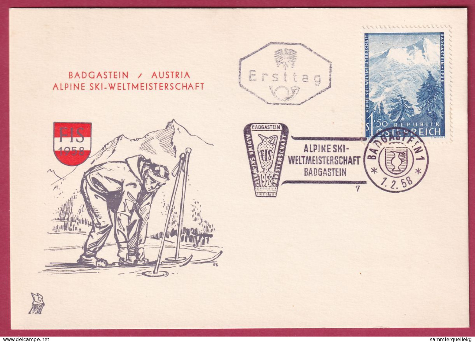 Österreich MNr. 1040 Ersttag Auf Karte 1. 2. 1958 Alpine Skiweltmeisterschaften In Badgastein (Nr.10.148) - FDC