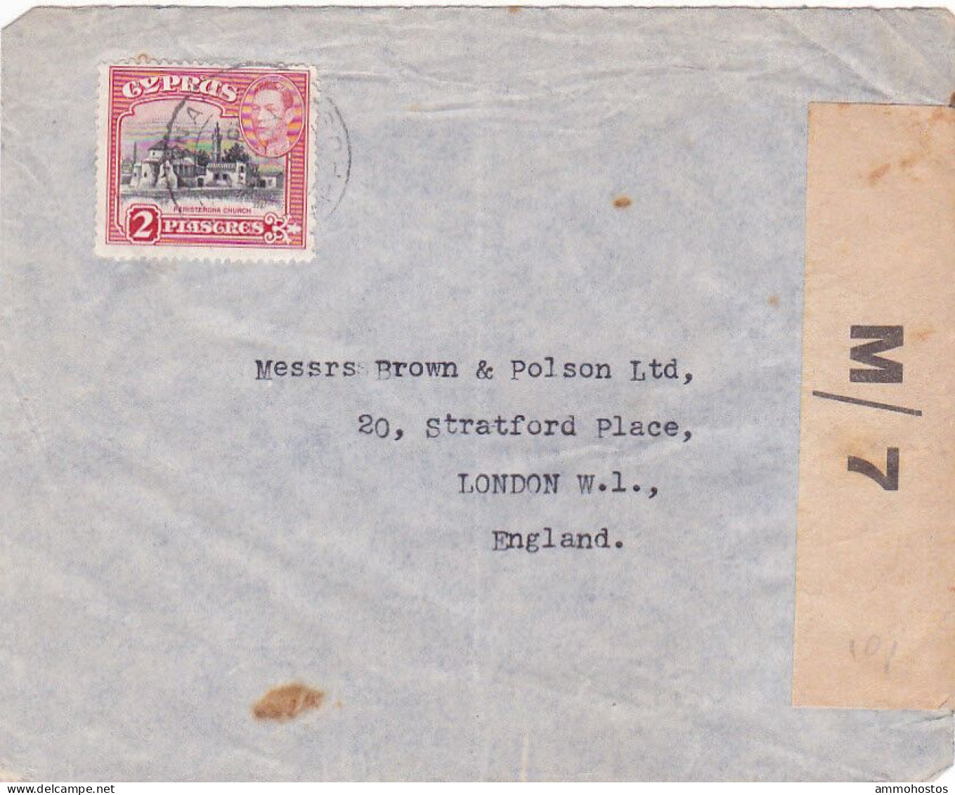 CYPRUS KGVI CENSOR COVER LARNACA UK 2 PIASTRE RATE M7 CENSOR LABEL - Zypern (...-1960)