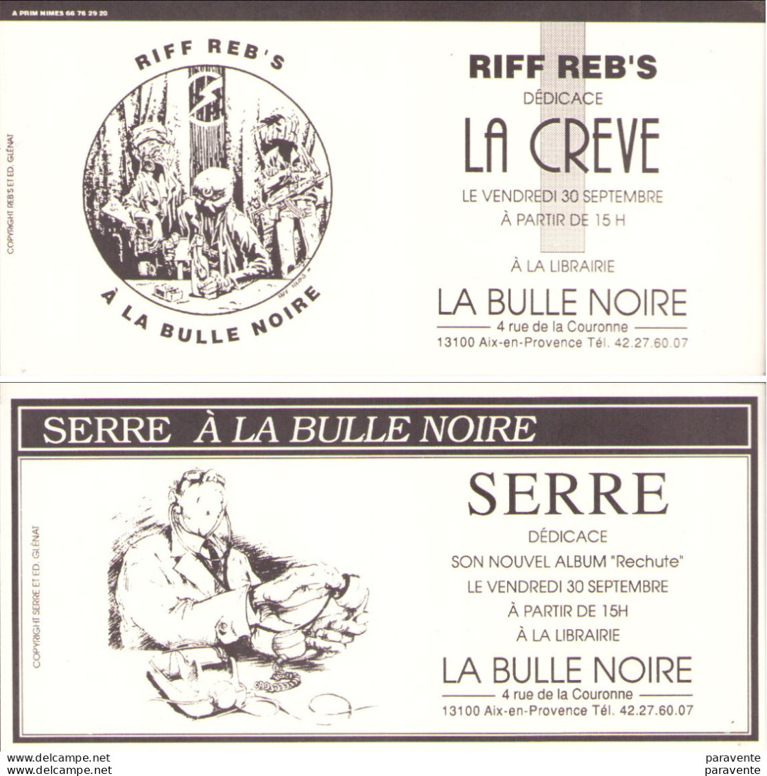 RIFF REB'S Et SERRE Carte Invitation Dédicace à Librairie BULLE NOIRE En 1988 - Cartes Postales