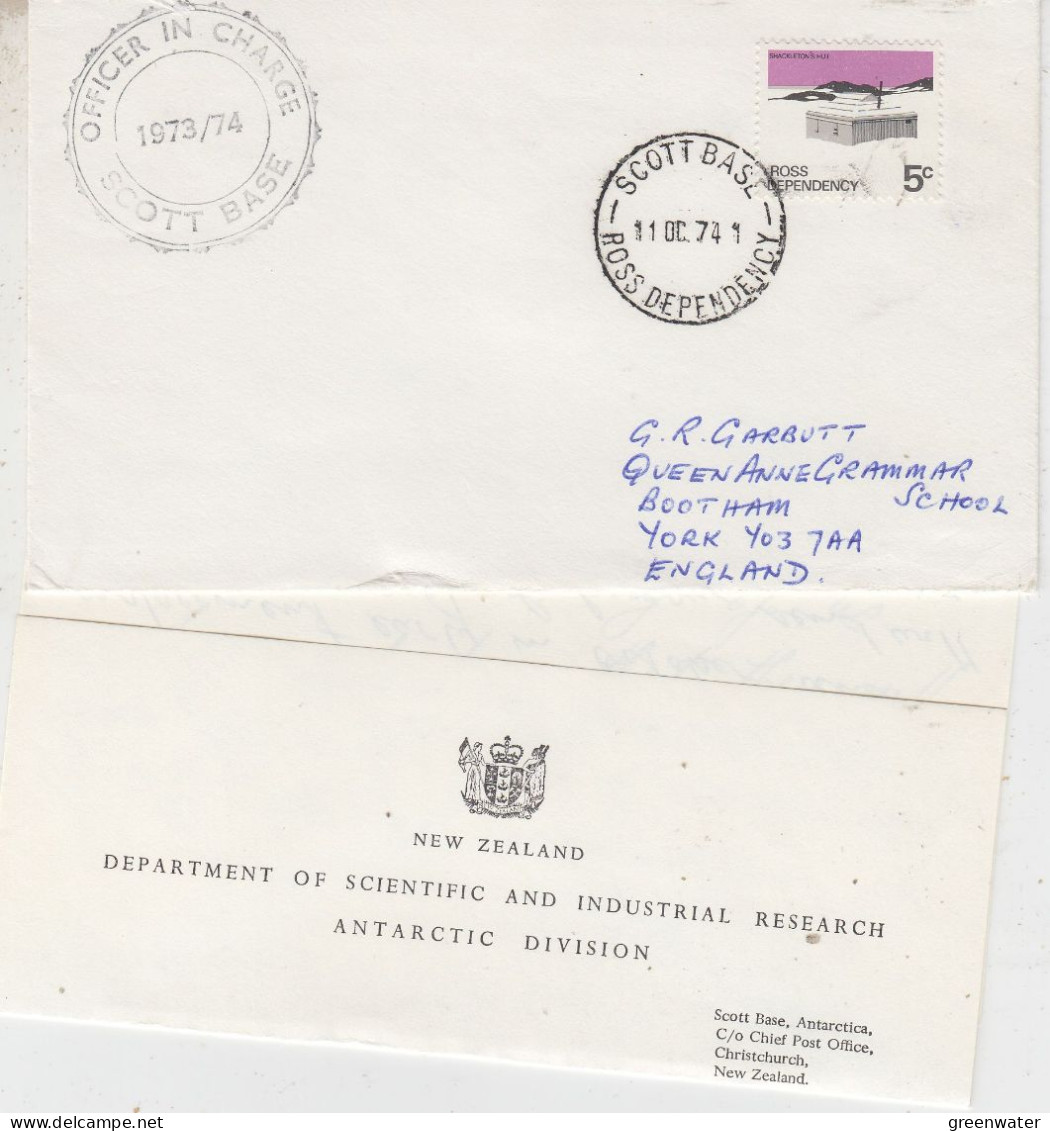 Ross Dependency Ca Offiicer In Charge  + Letter Scott Base Ca Scott Base 11 OCT 1974 (SO182) - Onderzoeksstations