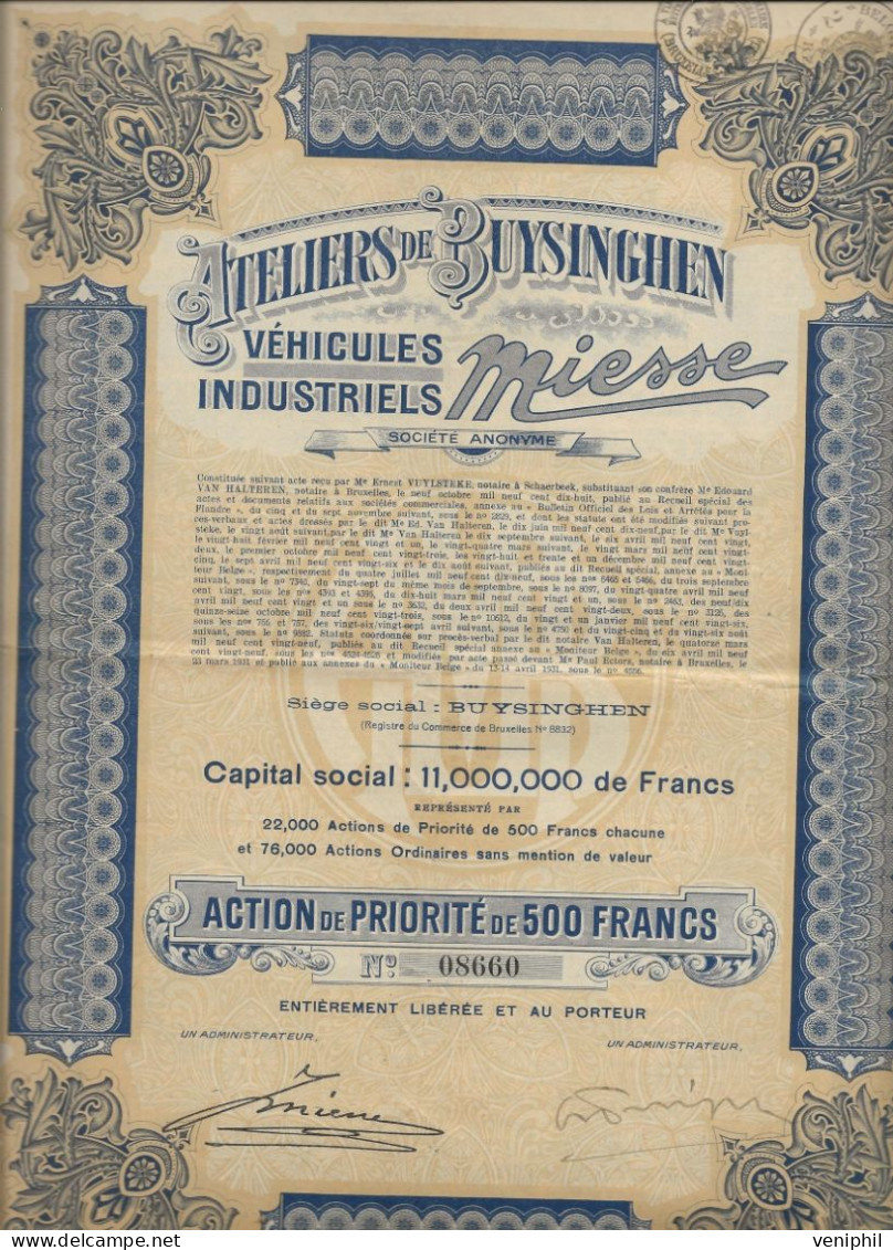 ATELIERS DE BUYSINGHEN VEHICULES INDUSTRIELS MIESSE -BELGIQUE - ACTION DE PRIORITE DE 500 FRS -ANNEE 1931 - Automobile
