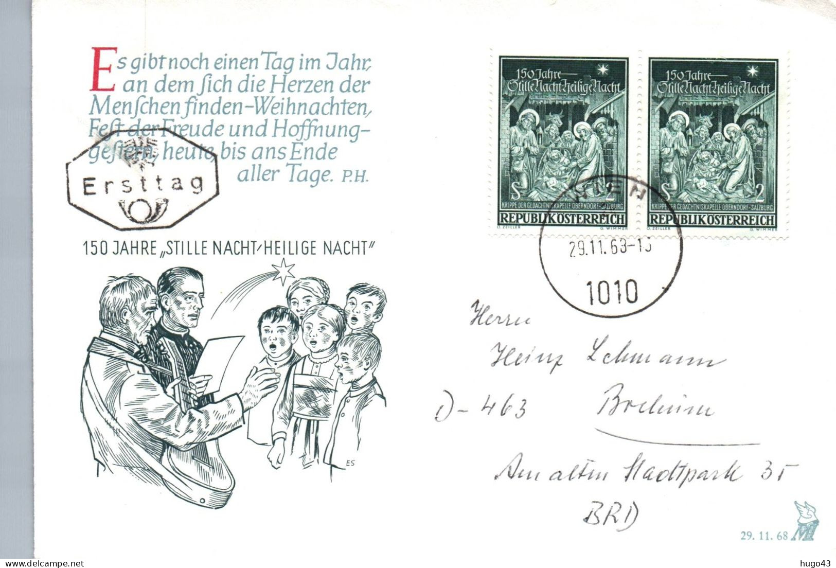 (RECTO / VERSO) ENVELOPPE 1er JOUR  - 29/11/1963 - 150 JAHRE STILLE NACHT / HEILIGE NACHT - FDC