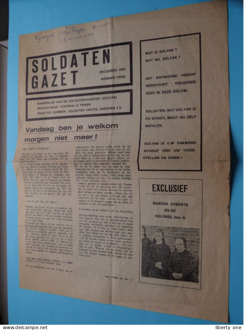 SOLDATEN GAZET Dec 1969 - Nummer 2 > Maandblad Van De Soldatenvakbond ( SOLVAK ) Zie Scans ( 4 Pag.) Gevouwen Ex.! - Dokumente