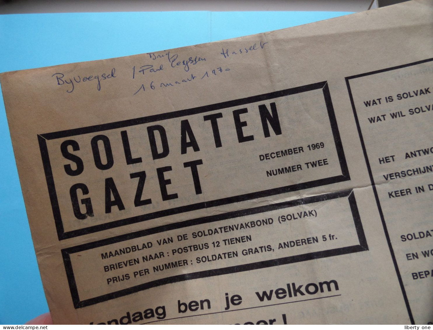 SOLDATEN GAZET Dec 1969 - Nummer 2 > Maandblad Van De Soldatenvakbond ( SOLVAK ) Zie Scans ( 4 Pag.) Gevouwen Ex.! - Dokumente