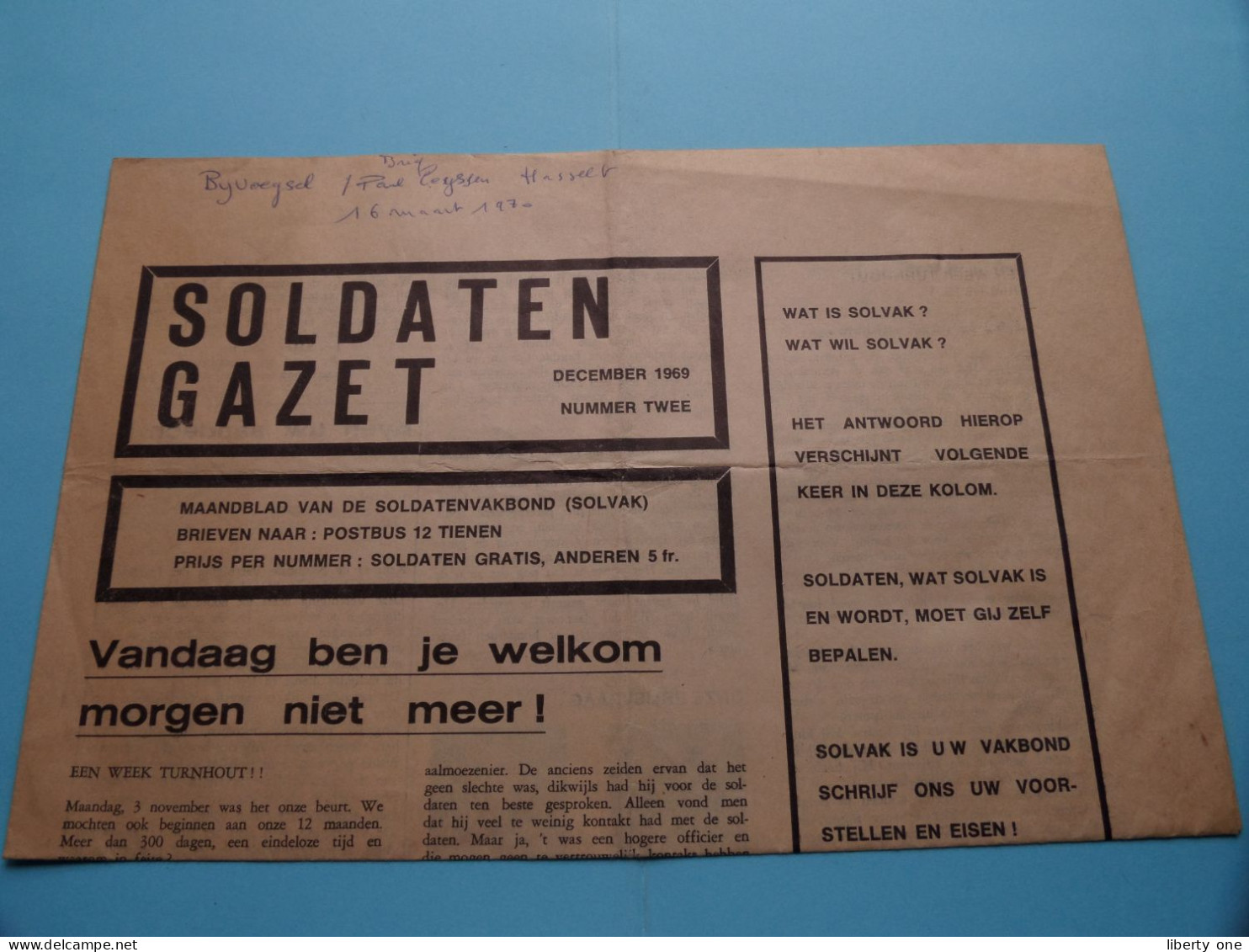 SOLDATEN GAZET Dec 1969 - Nummer 2 > Maandblad van de Soldatenvakbond ( SOLVAK ) Zie Scans ( 4 Pag.) Gevouwen ex.!