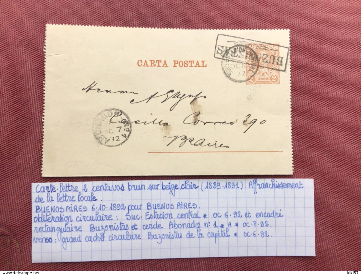 Buenos Aires Carte Lettre 1892 Voir Descriptif - Buenos Aires (1858-1864)