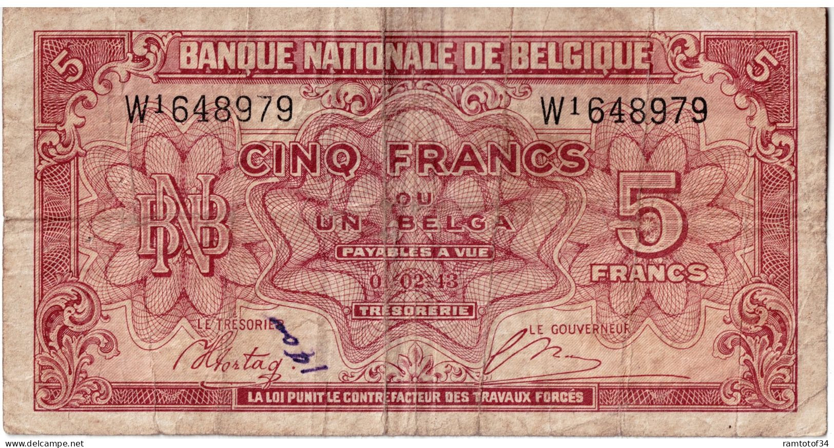 BELGIQUE - 5 Francs 1943 - 5 Francs-1 Belga