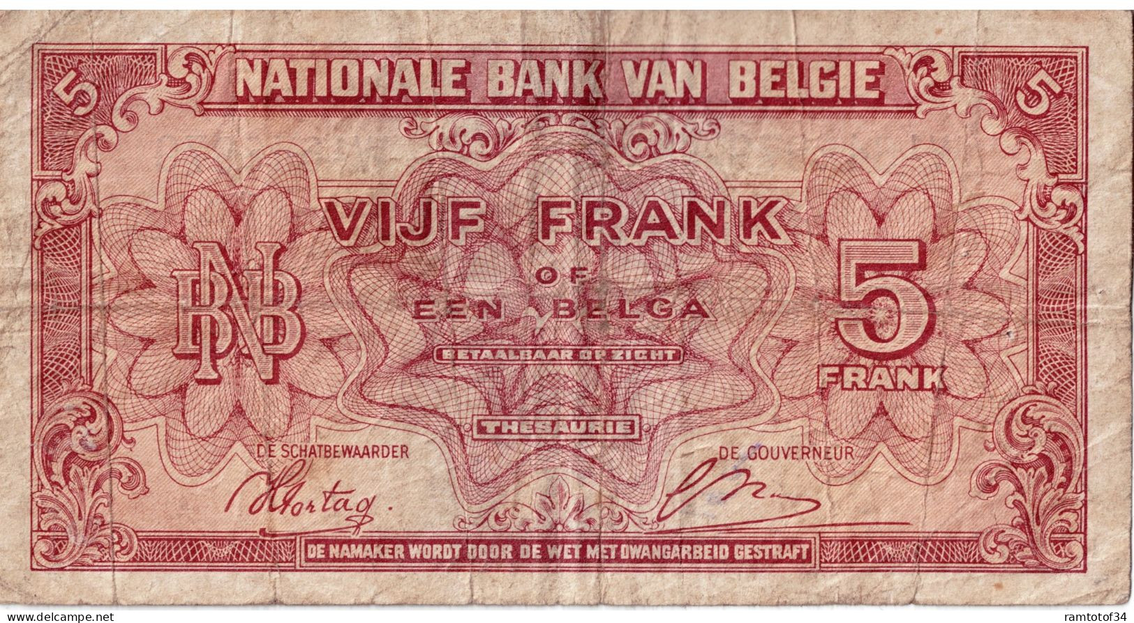 BELGIQUE - 5 Francs 1943 - 5 Francs-1 Belga