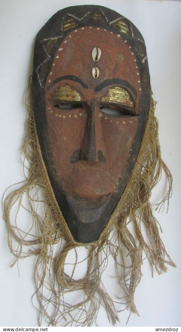 Cameroun Rare Ancien Masque Tribal Vodun Couleurs Pigmentations Cauris Incrustés, Dorures Lamelles De Cuivres (2) - Afrikaanse Kunst